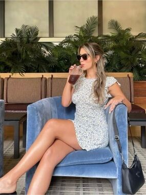 Reformation Idalia Dress featuring a cream and blue ditzy floral print
